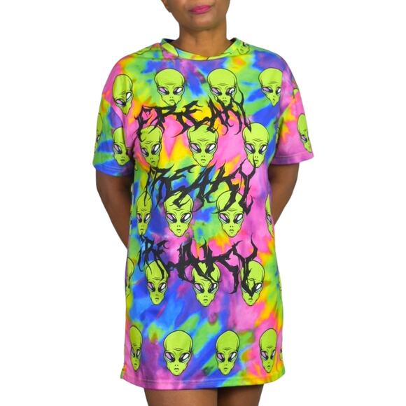 ASOS Freaky Alien Dress Green Tie Dye Oversized Shirt Graphic Mini Neon Size 2 - Picture 10 of 16